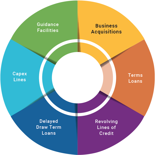 Participations and Syndications Pie Chart with the following on its six segments: Business Acquisitions, Term Loans, Revolving Lines of Credit, Delayed Draw Term Loans, Capex Lines and Guidance Facilities.